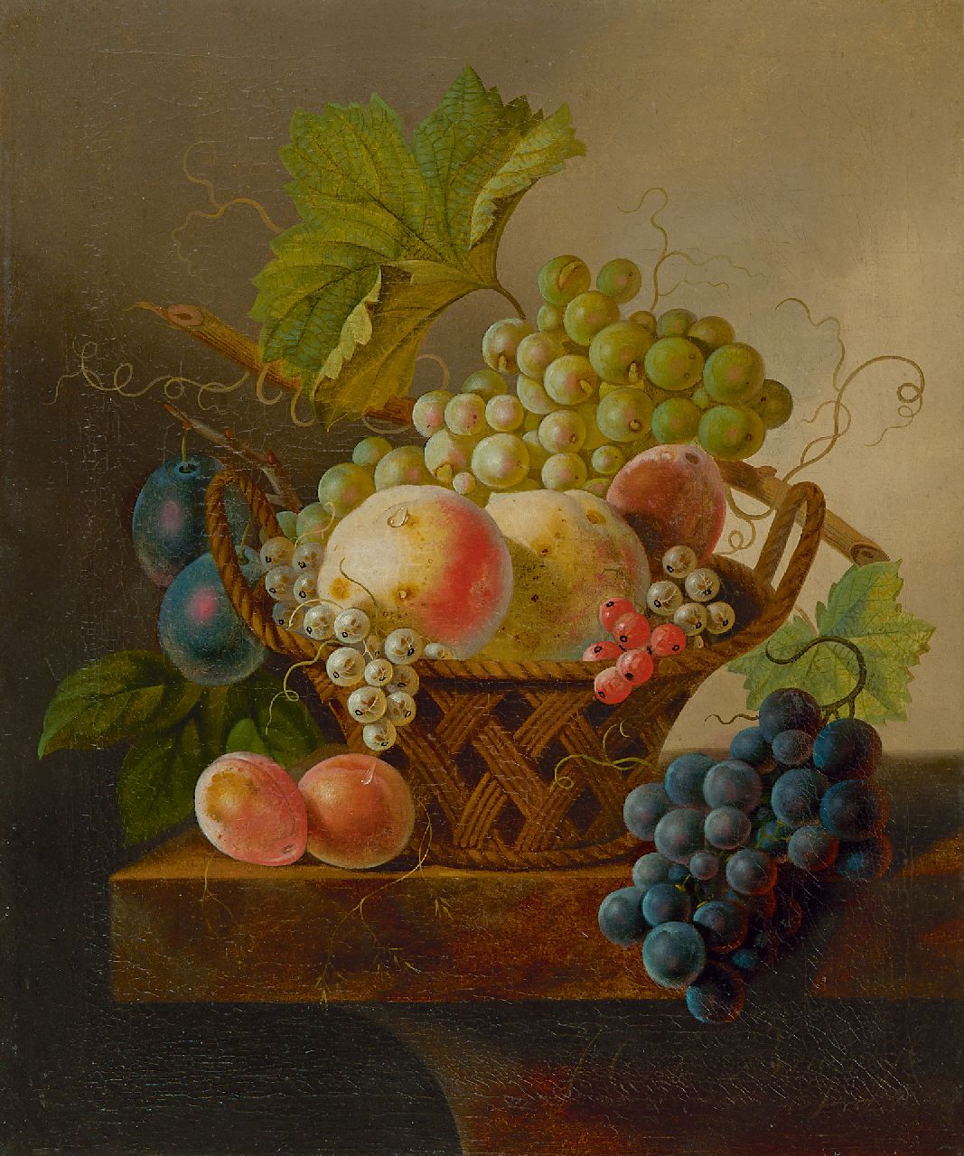 Bruyn J.C. de | Johannes Cornelis de Bruyn | Schilderijen te koop aangeboden | Stilleven met druiven en perziken in een mand, olieverf op doek 43,8 x 36,0 cm, gesigneerd rechtsonder Bruyn J.C. de | Johannes Cornelis de Bruyn | Schilderijen te koop aangeboden | Stilleven met druiven en perziken in een mand, olieverf op doek 43,8 x 36,0 cm, gesigneerd rechtsonder