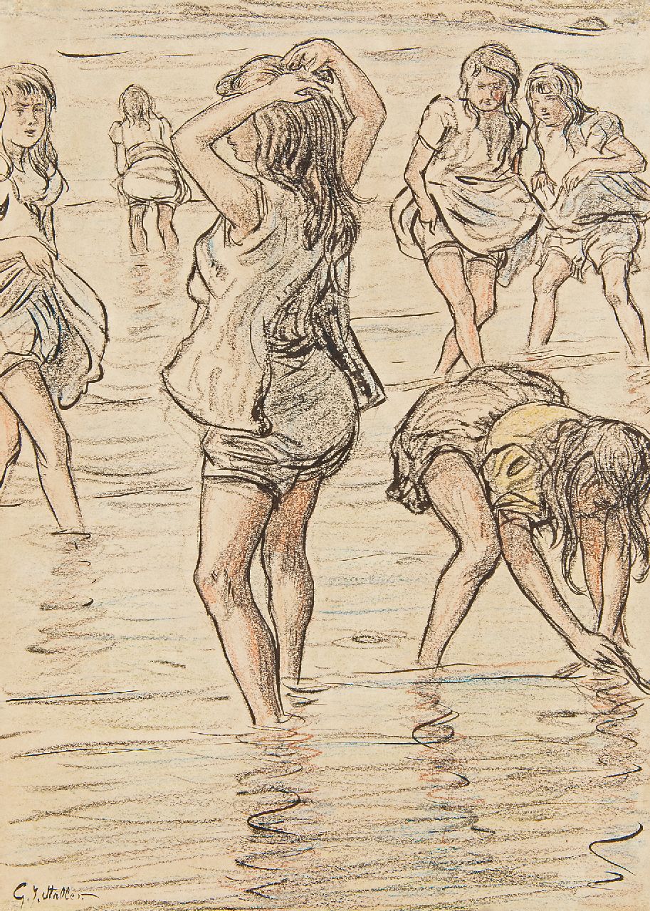 Staller G.J. | Gerard Johan Staller | Aquarellen en tekeningen te koop aangeboden | Pootjebaden in de zee, krijt en Oost-Indische inkt op papier 33,8 x 24,0 cm, gesigneerd linksonder Staller G.J. | Gerard Johan Staller | Aquarellen en tekeningen te koop aangeboden | Pootjebaden in de zee, krijt en Oost-Indische inkt op papier 33,8 x 24,0 cm, gesigneerd linksonder