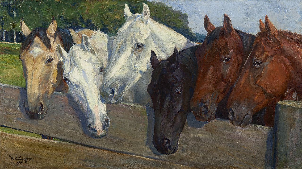 Erlanger P.J. | Philipp Jakob Erlanger, Paarden bij het hek, olieverf op doek 38,4 x 67,7 cm, gesigneerd linksonder en gedateerd 1903 Erlanger P.J. | Philipp Jakob Erlanger, Paarden bij het hek, olieverf op doek 38,4 x 67,7 cm, gesigneerd linksonder en gedateerd 1903