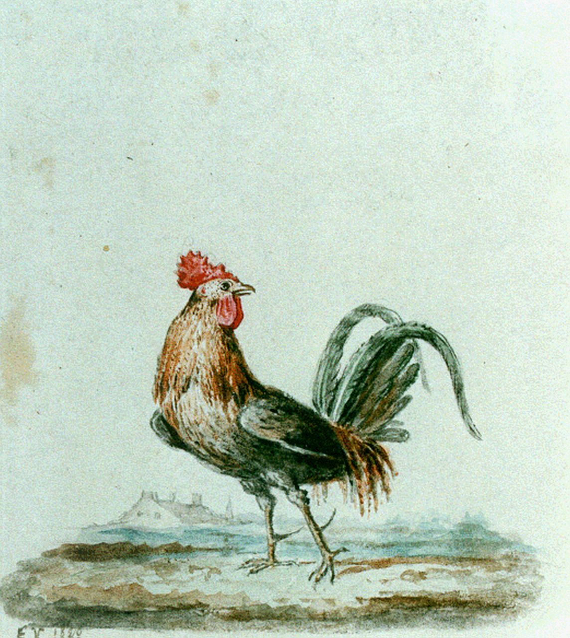 Verboeckhoven E.J. | Eugène Joseph Verboeckhoven, Haantje, aquarel op papier 6,5 x 6,0 cm, gesigneerd linksonder monogram en gedateerd 1828 Verboeckhoven E.J. | Eugène Joseph Verboeckhoven, Haantje, aquarel op papier 6,5 x 6,0 cm, gesigneerd linksonder monogram en gedateerd 1828