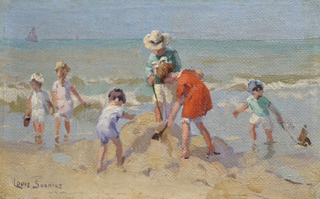 Soonius L. | Lodewijk 'Louis' Soonius, Spelende kinderen op het strand, olieverf op doek op board 8,7 x 13,8 cm, gesigneerd linksonder Soonius L. | Lodewijk 'Louis' Soonius, Spelende kinderen op het strand, olieverf op doek op board 8,7 x 13,8 cm, gesigneerd linksonder