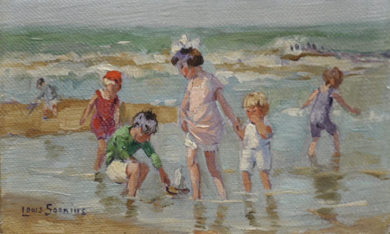 Soonius L. | Lodewijk 'Louis' Soonius, Pootje baden langs het strand, olieverf op doek op board 8,8 x 13,9 cm, gesigneerd linksonder Soonius L. | Lodewijk 'Louis' Soonius, Pootje baden langs het strand, olieverf op doek op board 8,8 x 13,9 cm, gesigneerd linksonder