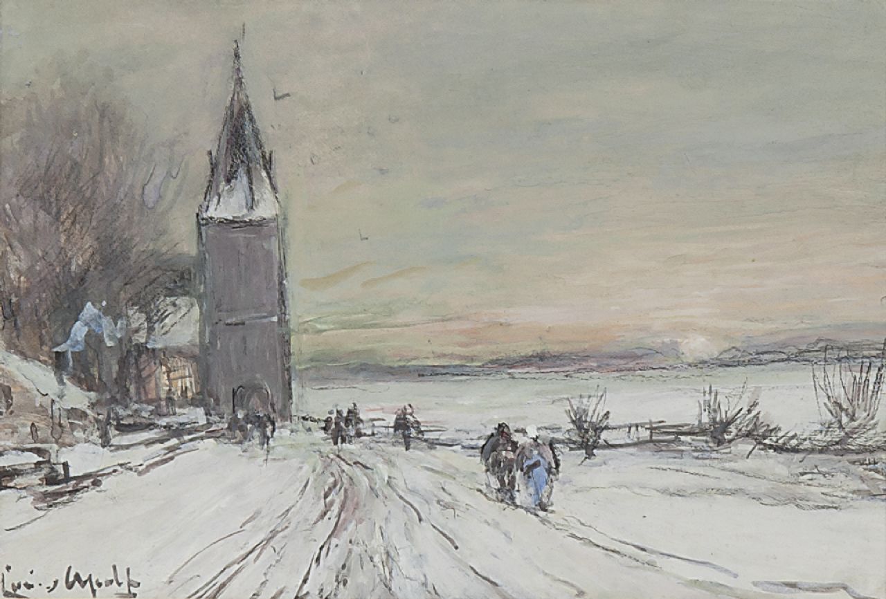 Apol L.F.H. | Lodewijk Franciscus Hendrik 'Louis' Apol, Kerkgang bij winterweer, krijt en gouache op papier 11,9 x 16,8 cm, gesigneerd linksonder Apol L.F.H. | Lodewijk Franciscus Hendrik 'Louis' Apol, Kerkgang bij winterweer, krijt en gouache op papier 11,9 x 16,8 cm, gesigneerd linksonder