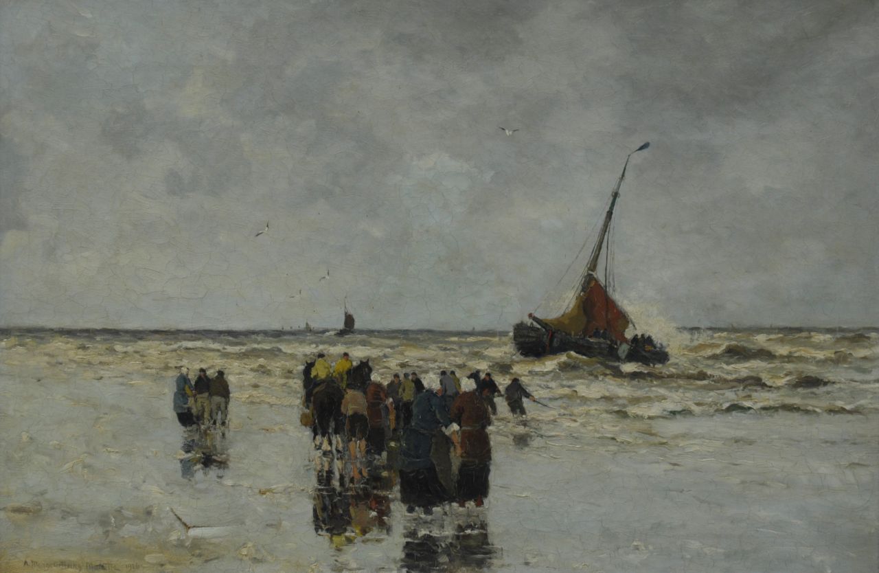Munthe G.A.L.  | Gerhard Arij Ludwig 'Morgenstjerne' Munthe, Vissersvrouwen en klijnhalers wachtend op het strand, olieverf op doek 61,1 x 92,0 cm, gesigneerd linksonder en gedateerd 1926