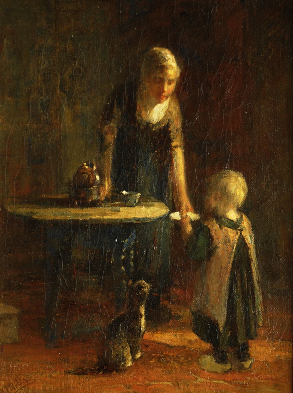 Mélis H.J. | Henricus Joannes Mélis, Melk voor de poes, olieverf op doek 35,4 x 26,5 cm, gesigneerd linksonder Mélis H.J. | Henricus Joannes Mélis, Melk voor de poes, olieverf op doek 35,4 x 26,5 cm, gesigneerd linksonder