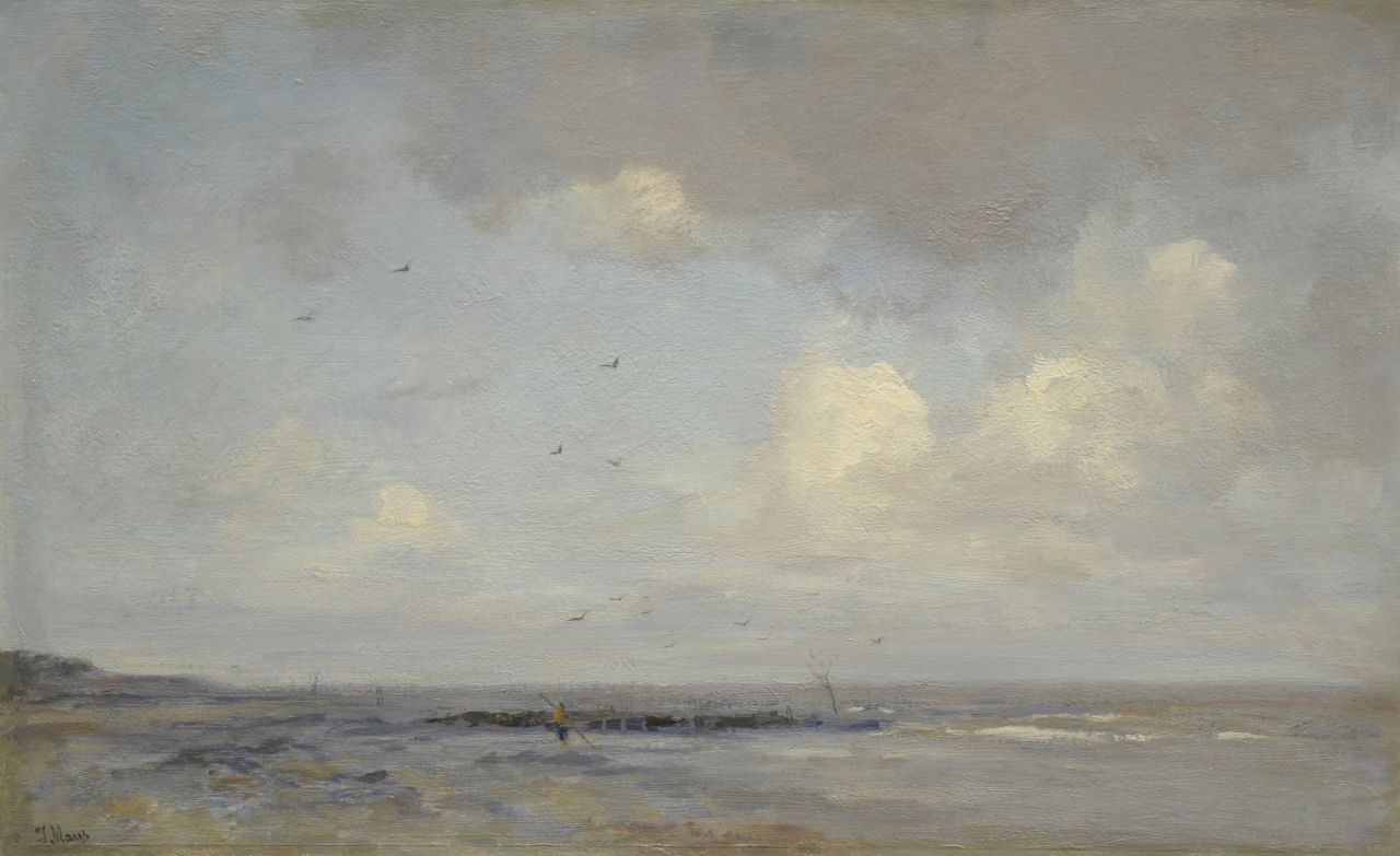 Maris J.H. | Jacobus Hendricus 'Jacob' Maris, Strandgezicht met garnalenvisser, olieverf op doek 49,4 x 78,1 cm, gesigneerd linksonder Maris J.H. | Jacobus Hendricus 'Jacob' Maris, Strandgezicht met garnalenvisser, olieverf op doek 49,4 x 78,1 cm, gesigneerd linksonder