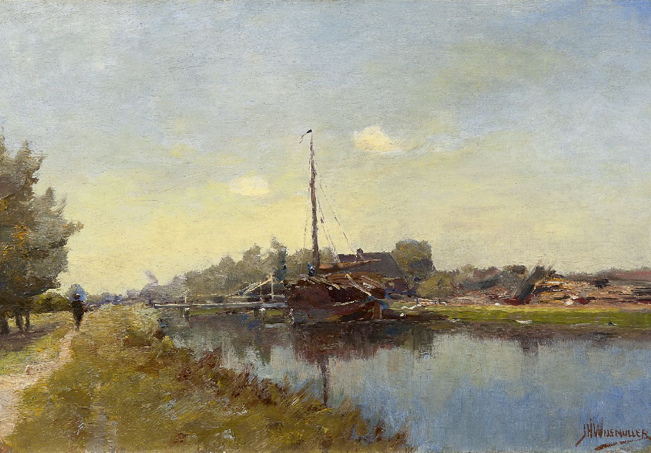 Wijsmuller J.H. | Jan Hillebrand Wijsmuller, Afgemeerde platbodem in poldervaart, olieverf op doek op paneel 33,8 x 49,0 cm, gesigneerd rechtsonder Wijsmuller J.H. | Jan Hillebrand Wijsmuller, Afgemeerde platbodem in poldervaart, olieverf op doek op paneel 33,8 x 49,0 cm, gesigneerd rechtsonder