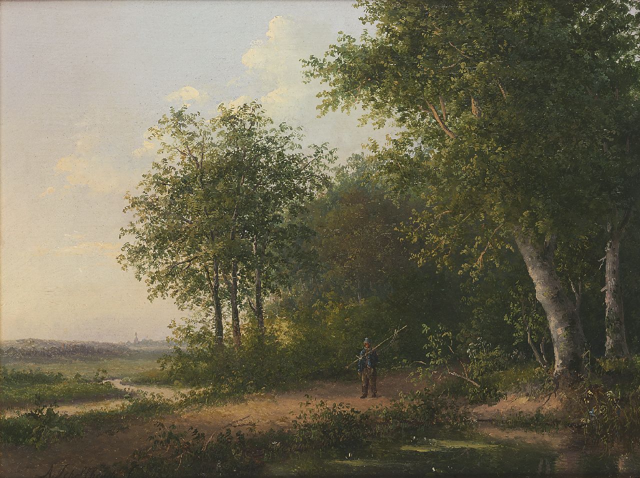 Schelfhout A.  | Andreas Schelfhout, Visser bij een bosven, olieverf op paneel 26,0 x 34,5 cm, gesigneerd linksonder en te dateren ca. 1822