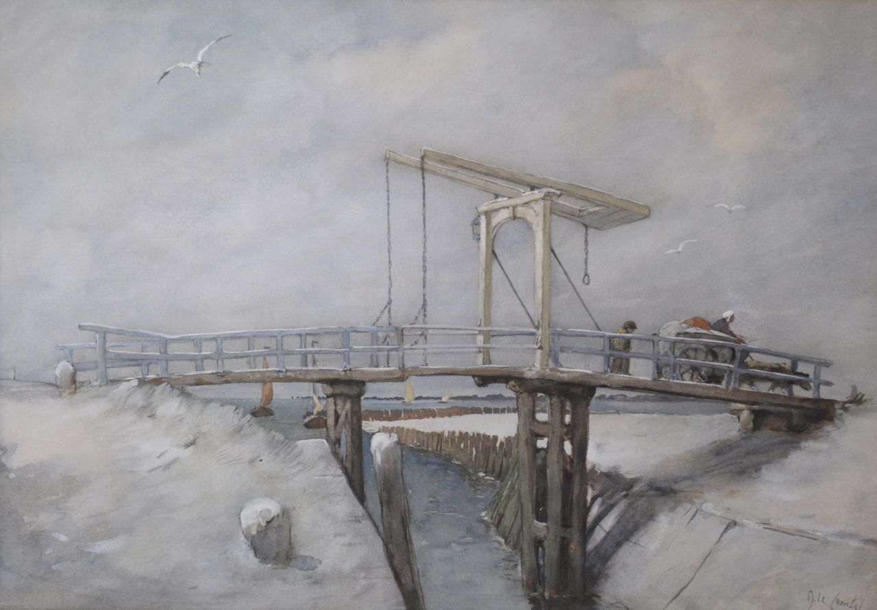 Comte A. le | Adolf le Comte, Winterse ophaalbrug met kar en figuren, aquarel op papier 45,5 x 64,6 cm, gesigneerd rechtsonder Comte A. le | Adolf le Comte, Winterse ophaalbrug met kar en figuren, aquarel op papier 45,5 x 64,6 cm, gesigneerd rechtsonder