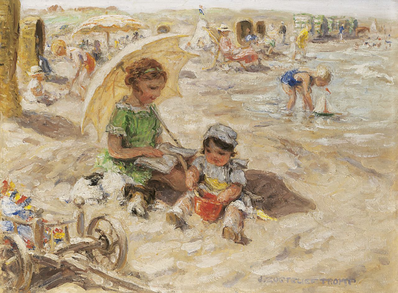 Zoetelief Tromp J. | Johannes 'Jan' Zoetelief Tromp, Een dag op het strand, olieverf op doek 30,0 x 40,0 cm, gesigneerd rechtsonder en verso Zoetelief Tromp J. | Johannes 'Jan' Zoetelief Tromp, Een dag op het strand, olieverf op doek 30,0 x 40,0 cm, gesigneerd rechtsonder en verso