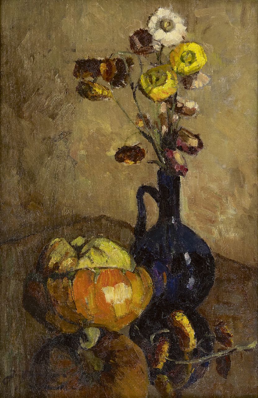 Groningen-Laurillard J.A.G. van | 'Jacoba' Adriana Geertruida van Groningen-Laurillard, Stilleven met gedroogde bloemen en pompoen, olieverf op doek 60,0 x 40,0 cm, gesigneerd linksonder Groningen-Laurillard J.A.G. van | 'Jacoba' Adriana Geertruida van Groningen-Laurillard, Stilleven met gedroogde bloemen en pompoen, olieverf op doek 60,0 x 40,0 cm, gesigneerd linksonder