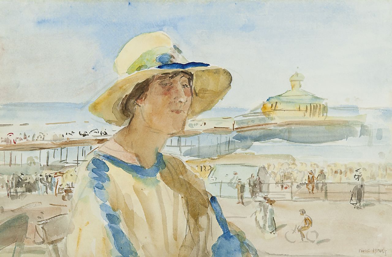 Israels I.L.  | 'Isaac' Lazarus Israels, Vrouw aan het strand van Scheveningen, aquarel op papier 32,5 x 50,0 cm, gesigneerd rechtsonder