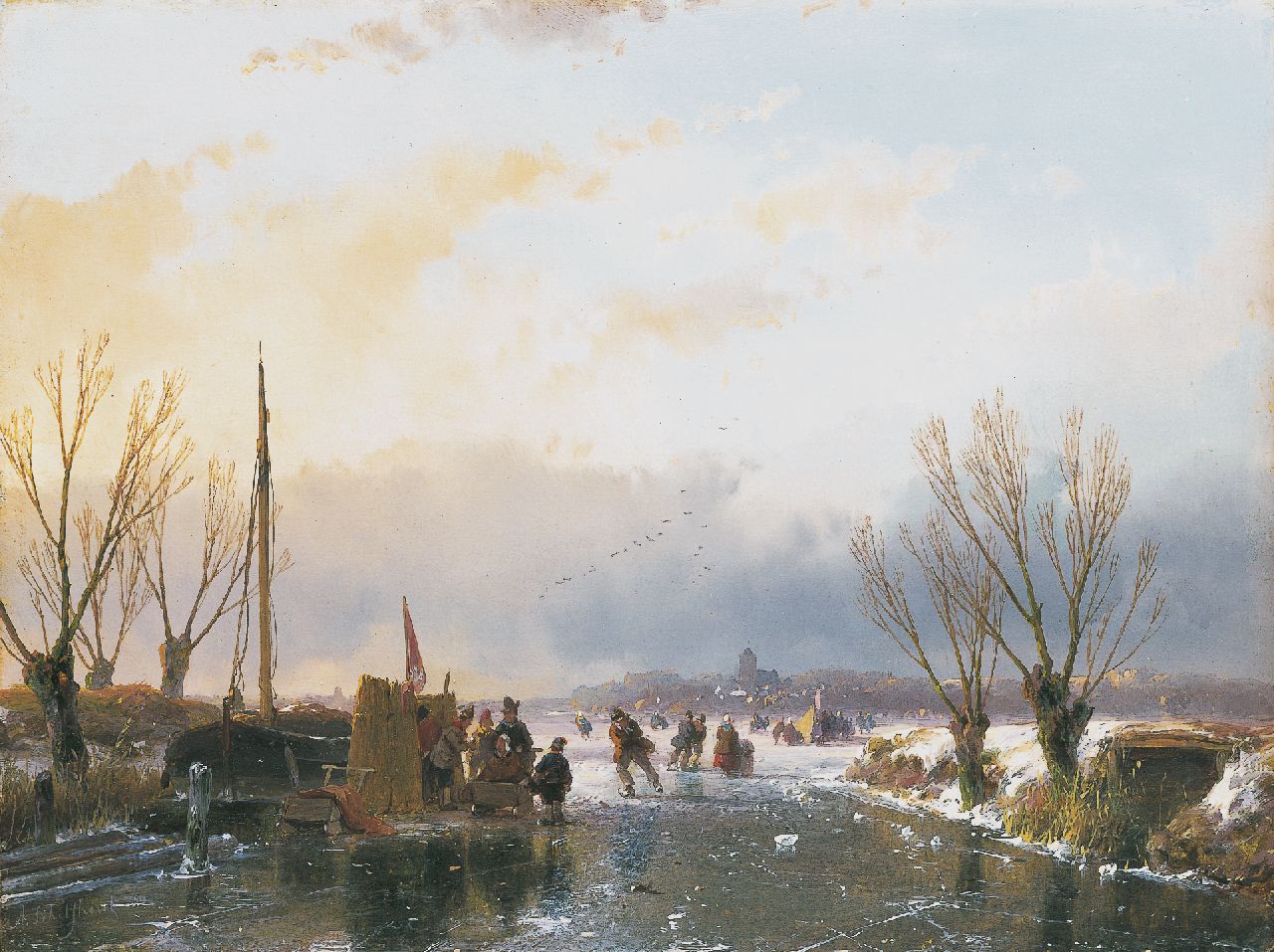 Schelfhout A.  | Andreas Schelfhout, Wintergezicht met vele schaatsers en een koek-en-zopie, olieverf op paneel 21,6 x 28,9 cm, gesigneerd linksonder en gedateerd 1850