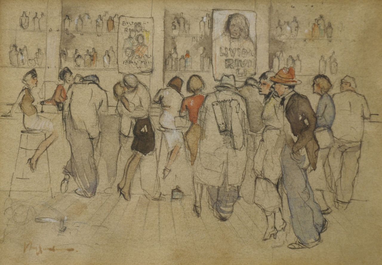 Rijlaarsdam J. | Jan Rijlaarsdam, Bartafereel, Parijs, krijt en aquarel op papier 12,7 x 17,6 cm, gesigneerd linksonder Rijlaarsdam J. | Jan Rijlaarsdam, Bartafereel, Parijs, krijt en aquarel op papier 12,7 x 17,6 cm, gesigneerd linksonder