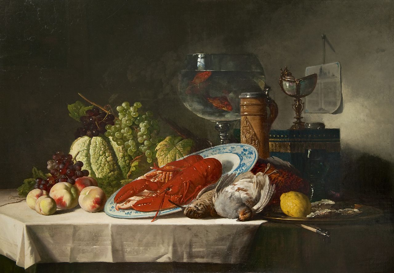 Schaefels L.V.  | Lucas Victor 'Luc' Schaefels, Stilleven met kreeft en vissenkom, olieverf op doek 91,2 x 130,3 cm, gesigneerd rechtsonder en gedateerd 1878