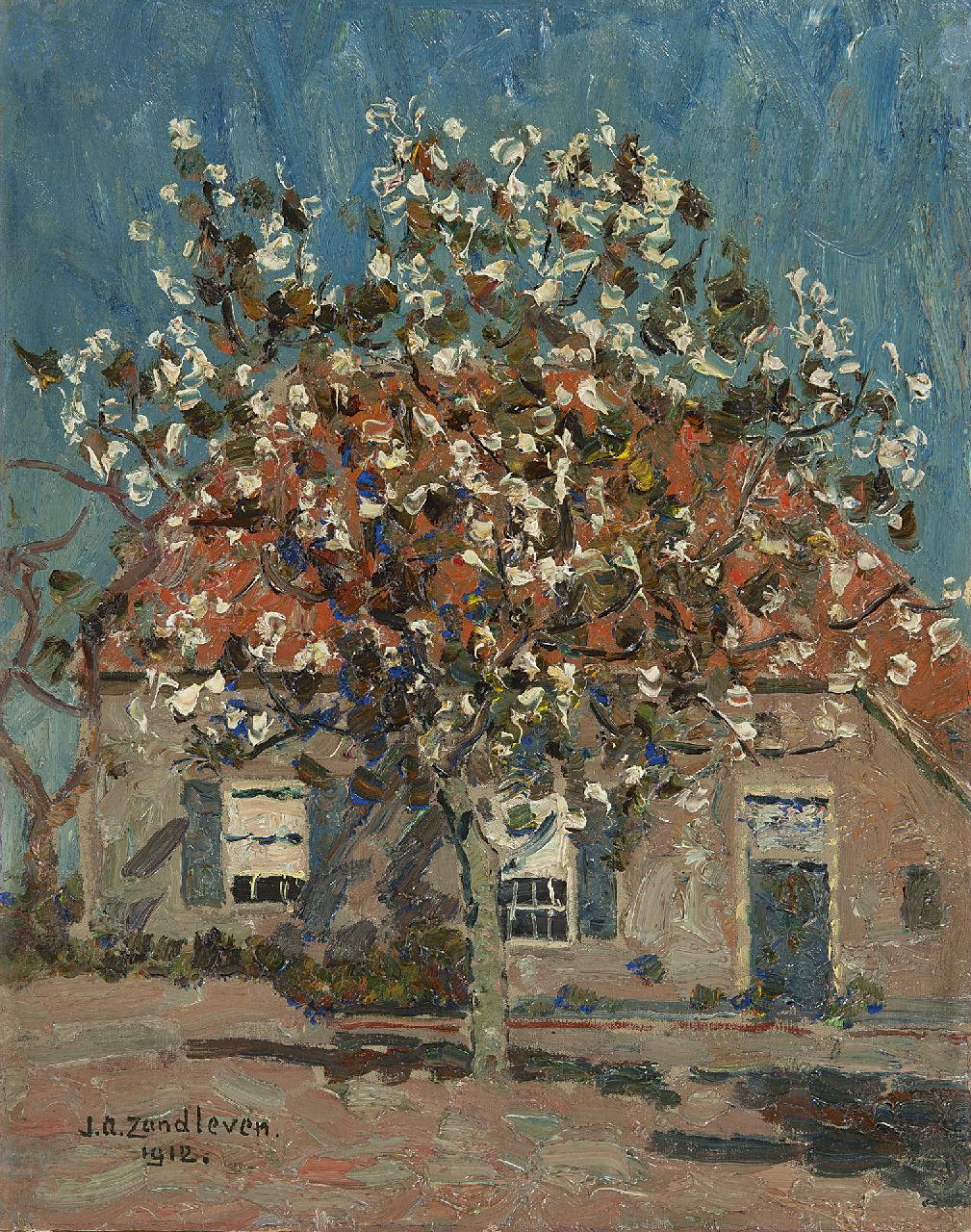 Jan Adam Zandleven | Bloeiende vruchtboom voor boerderij, olieverf op doek op paneel, 40,2 x 32,1 cm, gesigneerd l.o. en gedateerd 1912 Jan Adam Zandleven | Bloeiende vruchtboom voor boerderij, olieverf op doek op paneel, 40,2 x 32,1 cm, gesigneerd l.o. en gedateerd 1912