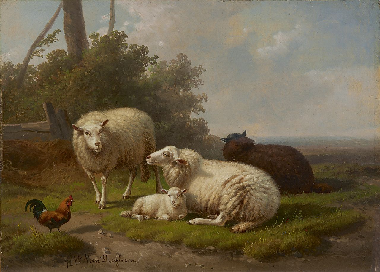 Dieghem J. van | Joseph van Dieghem, Idyllisch landschap met schapen, olieverf op paneel 22,6 x 31,0 cm, gesigneerd linksonder en gedateerd '72 Dieghem J. van | Joseph van Dieghem, Idyllisch landschap met schapen, olieverf op paneel 22,6 x 31,0 cm, gesigneerd linksonder en gedateerd '72