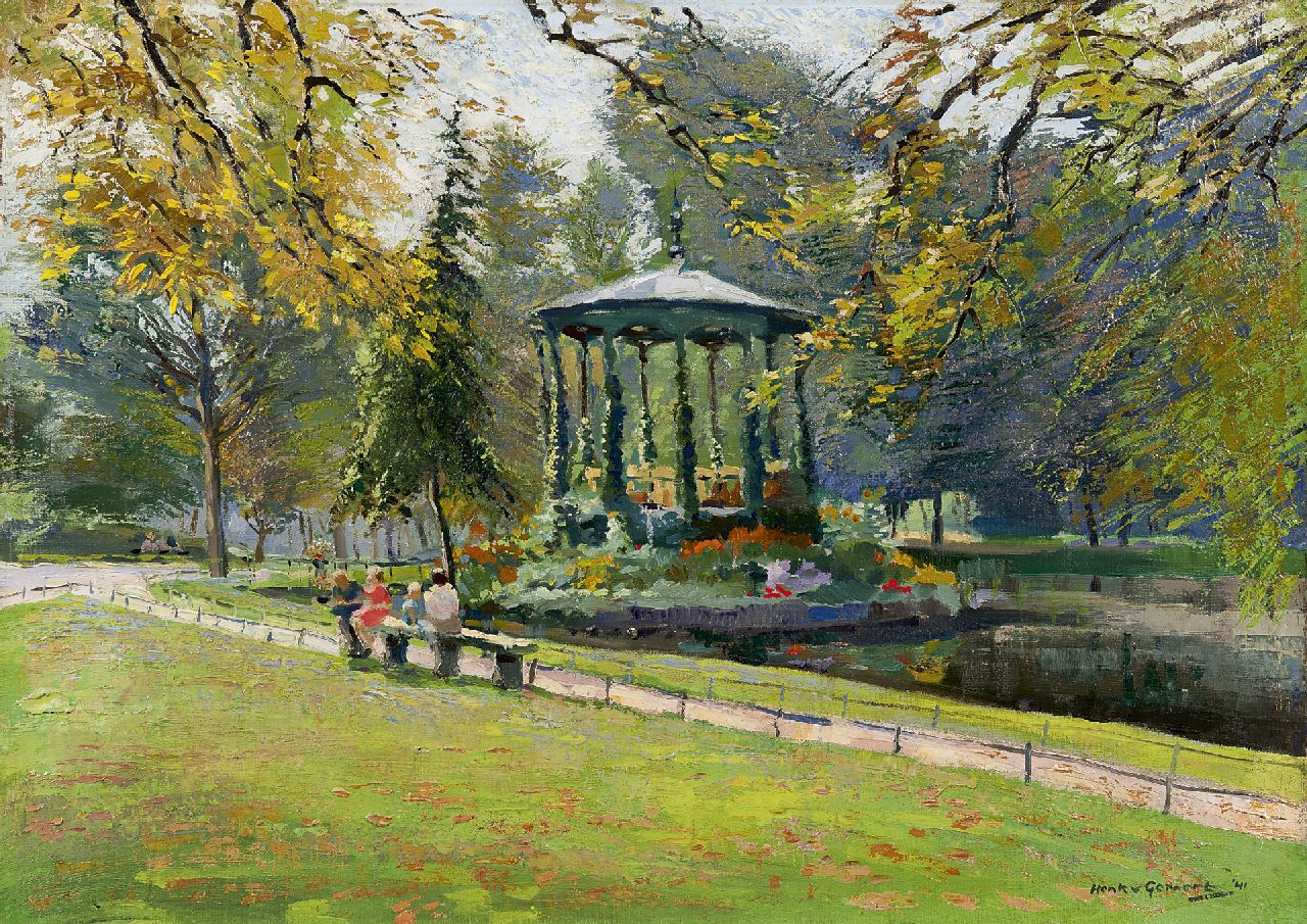 Gemert H.J. van | Hendrikus Jacobus 'Henk' van Gemert, De muziektent in het Vondelpark, Amsterdam, olieverf op doek 50,1 x 70,3 cm, gesigneerd rechtsonder en gedateerd '41 Gemert H.J. van | Hendrikus Jacobus 'Henk' van Gemert, De muziektent in het Vondelpark, Amsterdam, olieverf op doek 50,1 x 70,3 cm, gesigneerd rechtsonder en gedateerd '41
