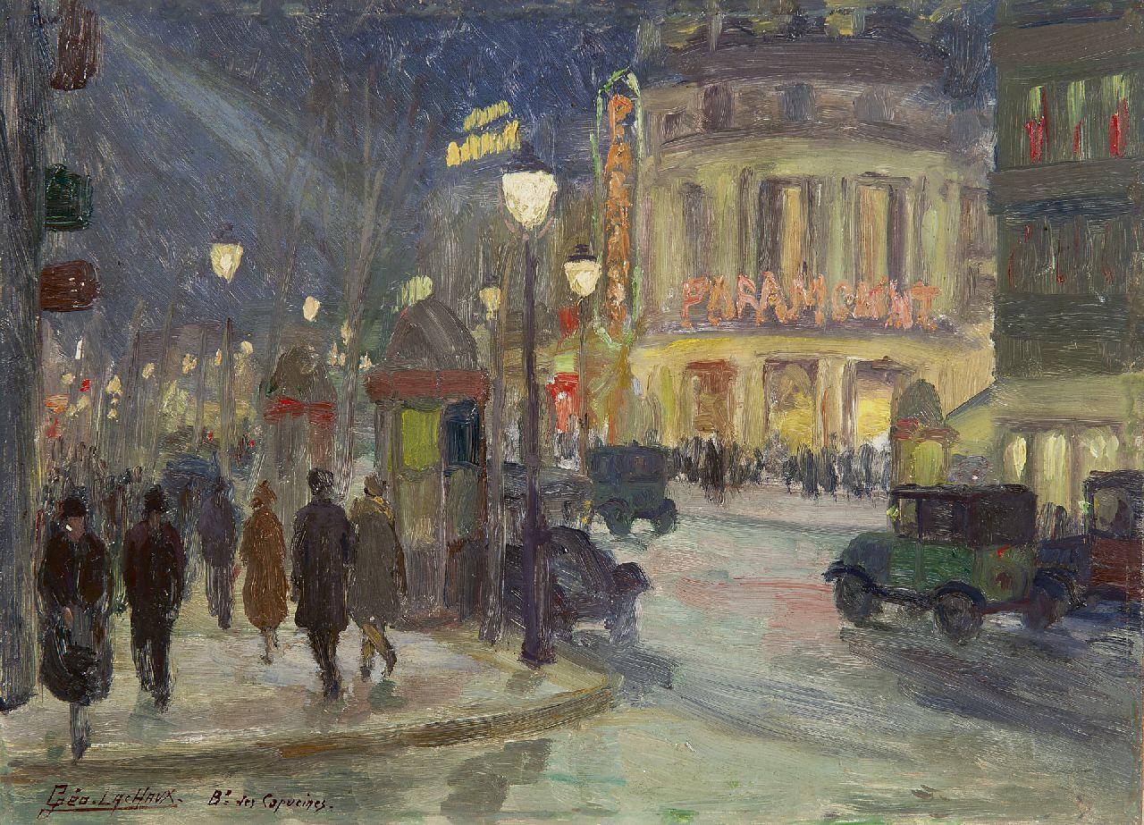 Géo-Lachaux G.M. | Georges Marius Géo-Lachaux, Het Paramount theater op de Boulevard des Capucines, Parijs, olieverf op paneel 24,1 x 33,2 cm, gesigneerd linksonder Géo-Lachaux G.M. | Georges Marius Géo-Lachaux, Het Paramount theater op de Boulevard des Capucines, Parijs, olieverf op paneel 24,1 x 33,2 cm, gesigneerd linksonder