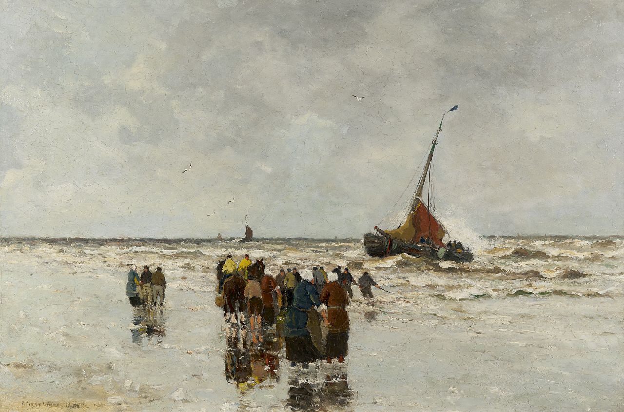 Munthe G.A.L.  | Gerhard Arij Ludwig 'Morgenstjerne' Munthe, Vissersvrouwen en klijnhalers wachtend op het strand, olieverf op doek 61,1 x 92,0 cm, gesigneerd linksonder en op doekomslag links en gedateerd 1926