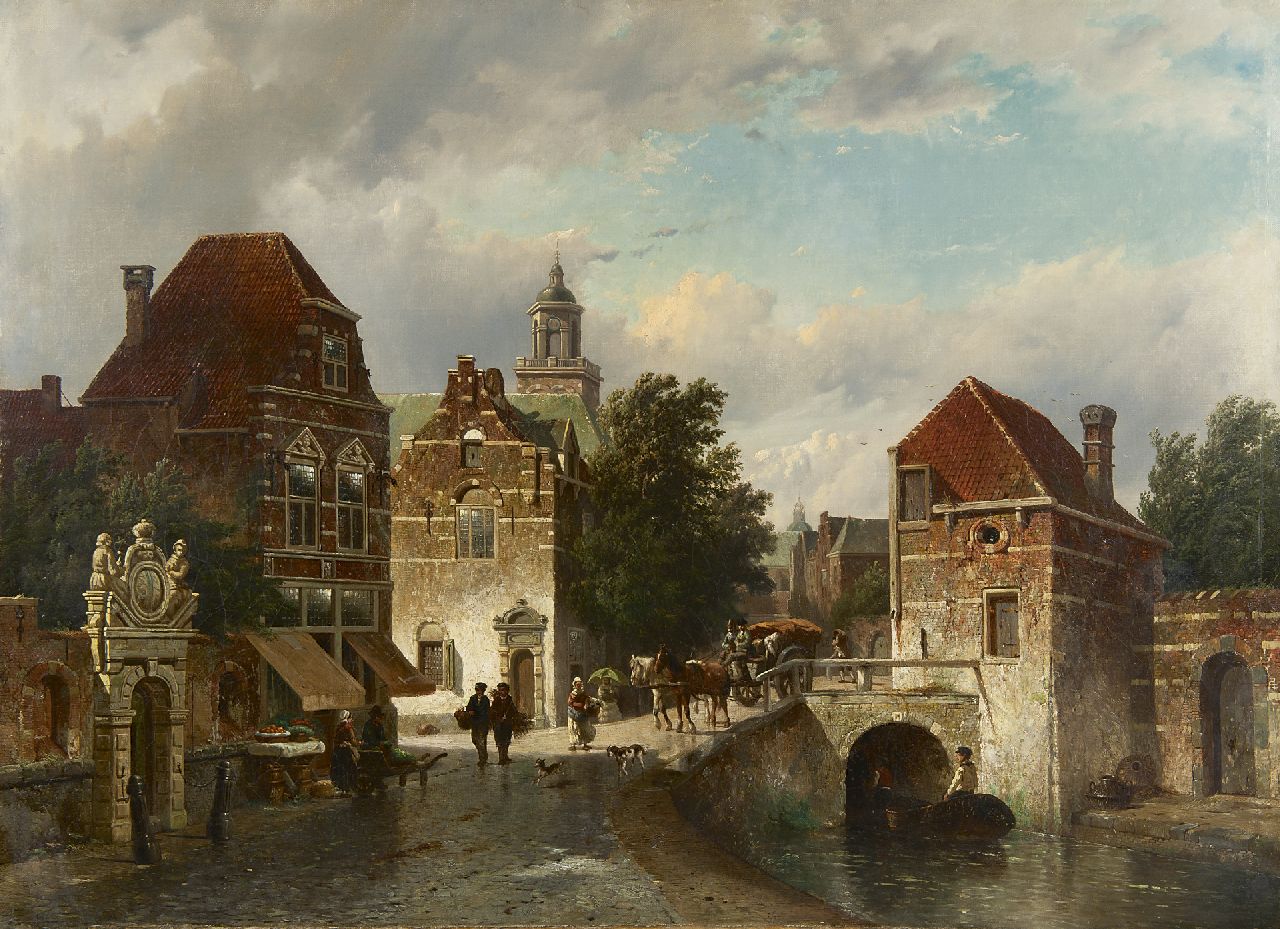 Vrolijk J.A. | Jacobus 'Adriaan' Vrolijk, Zomers stadsgezicht met de poort van het Haagse Sint Nicolaas Gasthuis, olieverf op doek 70,8 x 96,7 cm, gesigneerd linksonder en op de poort en gedateerd op de poort 1861 Vrolijk J.A. | Jacobus 'Adriaan' Vrolijk, Zomers stadsgezicht met de poort van het Haagse Sint Nicolaas Gasthuis, olieverf op doek 70,8 x 96,7 cm, gesigneerd linksonder en op de poort en gedateerd op de poort 1861