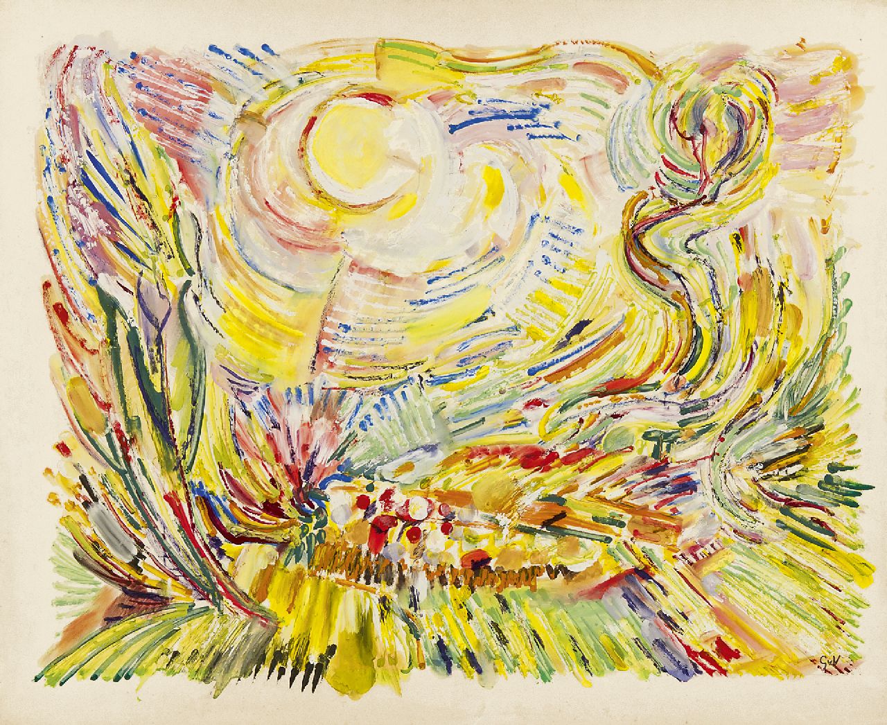 Velde G. van | Gerardus 'Geer' van Velde, Landschap met zon, gouache op papier 49,5 x 60,2 cm, gesigneerd rechtsonder met initialen en te dateren ca. 1928-1932