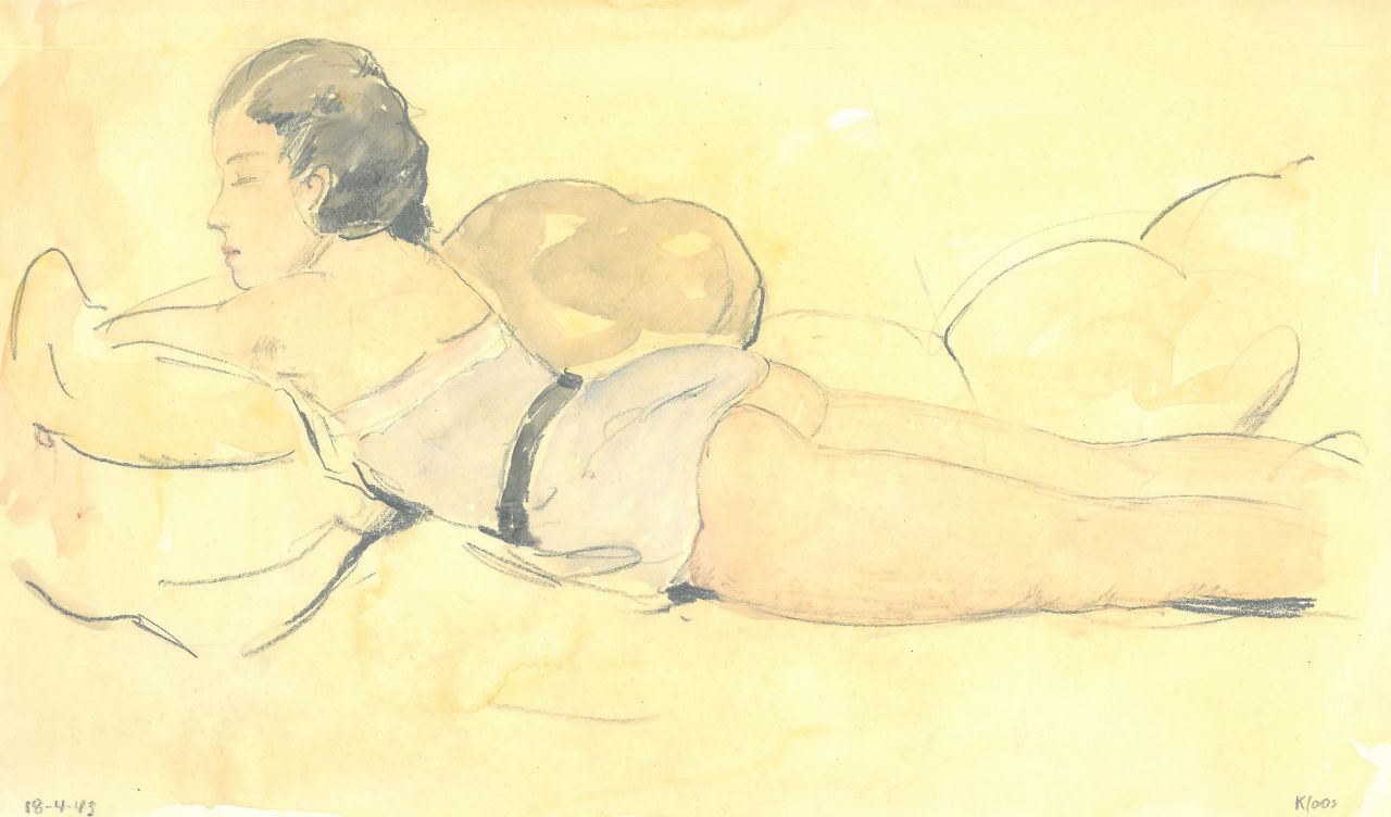 Kloos C.  | Cornelis Kloos | Aquarellen en tekeningen te koop aangeboden | Liggende vrouw in blauw jurkje, potlood en aquarel op papier 18,2 x 30,9 cm, gesigneerd rechtsonder en gedateerd 18-4-43