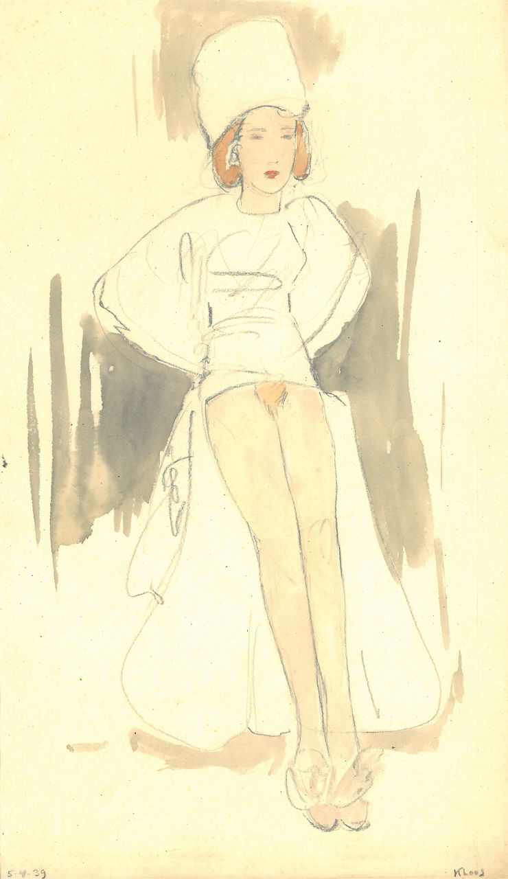 Kloos C.  | Cornelis Kloos | Aquarellen en tekeningen te koop aangeboden | Elegante vrouw, half naakt, potlood en aquarel op papier 30,9 x 17,9 cm, gesigneerd rechtsonder en gedateerd 5-4-39
