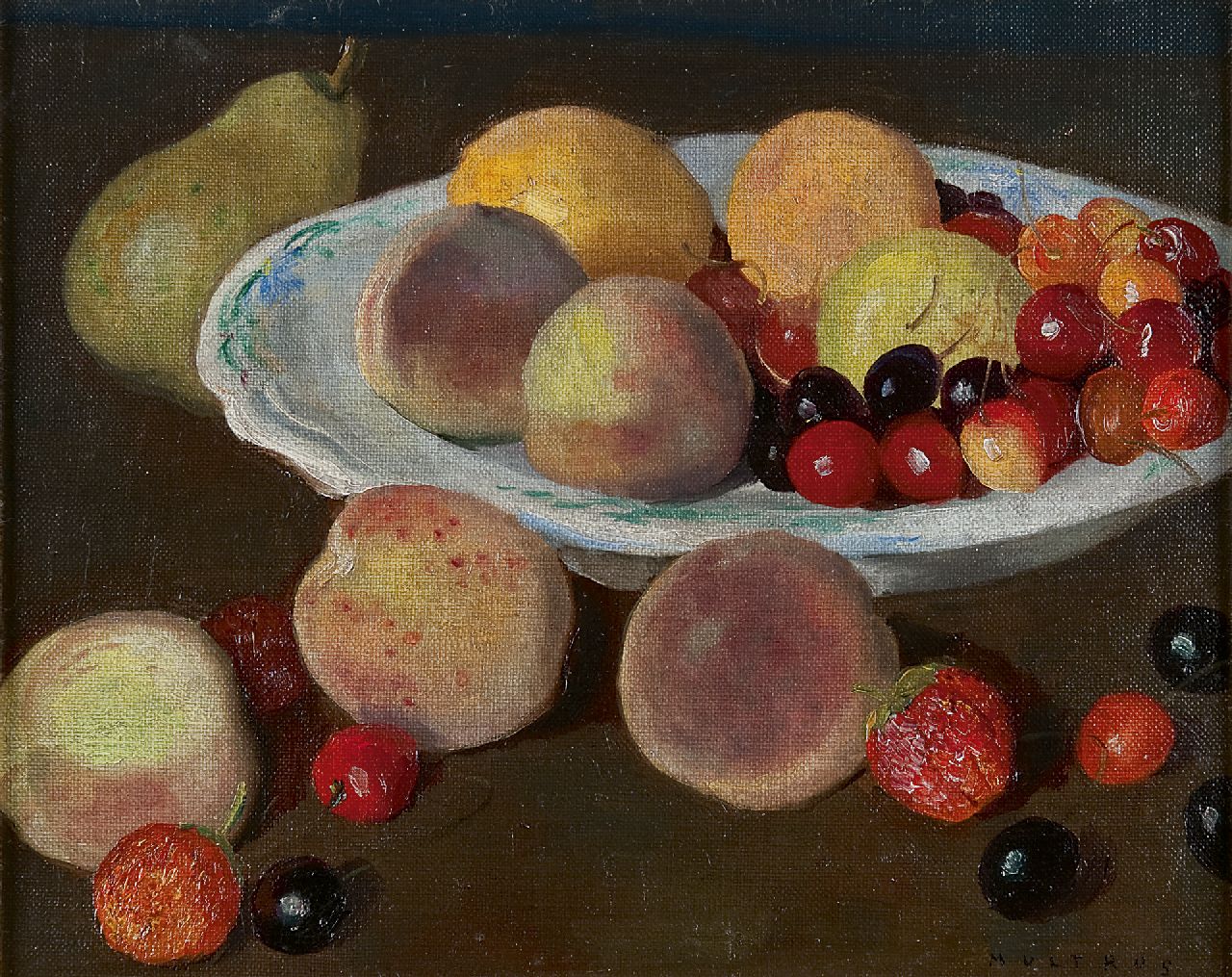 Multrus J.  | Josef Multrus, Fruitstilleven met perziken en kersen, olieverf op doek 25,7 x 31,5 cm, gesigneerd rechtsonder