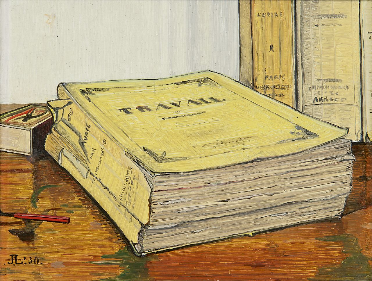 Lodeizen J. | Johannes 'Jo' Lodeizen, Stilleven met het boek 'Travail' van Emile Zola, olieverf op paneel 16,1 x 21,1 cm, gesigneerd linksonder met monogram en gedateerd '30 Lodeizen J. | Johannes 'Jo' Lodeizen, Stilleven met het boek 'Travail' van Emile Zola, olieverf op paneel 16,1 x 21,1 cm, gesigneerd linksonder met monogram en gedateerd '30