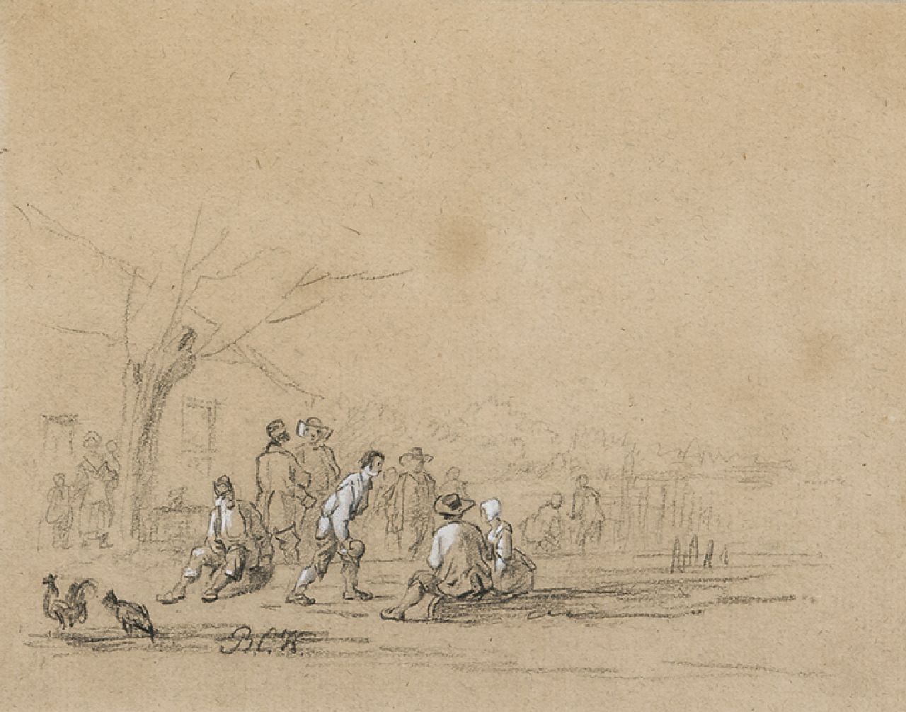 Koekkoek B.C. | Barend Cornelis Koekkoek, Studie van kegelende figuren, krijt op gekleurd papier 15,8 x 19,6 cm, gesigneerd linksonder met initialen Koekkoek B.C. | Barend Cornelis Koekkoek, Studie van kegelende figuren, krijt op gekleurd papier 15,8 x 19,6 cm, gesigneerd linksonder met initialen