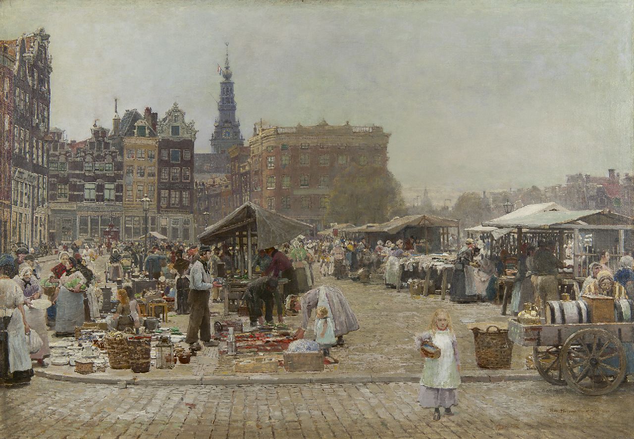 Herrmann J.E.R. | Johann Emil Rudolf 'Hans' Herrmann, Gezicht op de Nieuwmarkt, Amsterdam, olieverf op doek 84,9 x 121,9 cm, gesigneerd rechtsonder Herrmann J.E.R. | Johann Emil Rudolf 'Hans' Herrmann, Gezicht op de Nieuwmarkt, Amsterdam, olieverf op doek 84,9 x 121,9 cm, gesigneerd rechtsonder