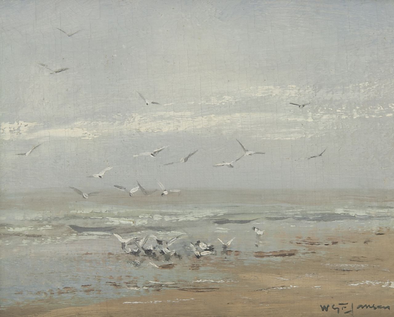 Jansen W.G.F. | 'Willem' George Frederik Jansen, Meeuwen op het strand, olieverf op doek 19,5 x 26,0 cm, gesigneerd rechtsonder Jansen W.G.F. | 'Willem' George Frederik Jansen, Meeuwen op het strand, olieverf op doek 19,5 x 26,0 cm, gesigneerd rechtsonder