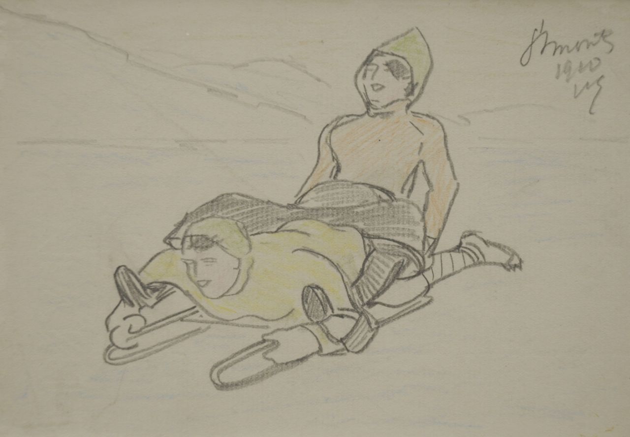 Sluiter J.W. | Jan Willem 'Willy' Sluiter, Samen op de bobslee, potlood en kleurpotlood op papier 11,3 x 16,2 cm, gesigneerd rechtsboven met initialen en gedateerd 1910 Sluiter J.W. | Jan Willem 'Willy' Sluiter, Samen op de bobslee, potlood en kleurpotlood op papier 11,3 x 16,2 cm, gesigneerd rechtsboven met initialen en gedateerd 1910