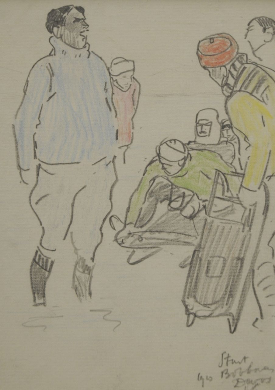 Sluiter J.W. | Jan Willem 'Willy' Sluiter, Start bobbaan, Davos 1910, potlood en kleurpotlood op papier 16,9 x 11,8 cm, gesigneerd rechtsonder met initialen en gedateerd 1910 Sluiter J.W. | Jan Willem 'Willy' Sluiter, Start bobbaan, Davos 1910, potlood en kleurpotlood op papier 16,9 x 11,8 cm, gesigneerd rechtsonder met initialen en gedateerd 1910