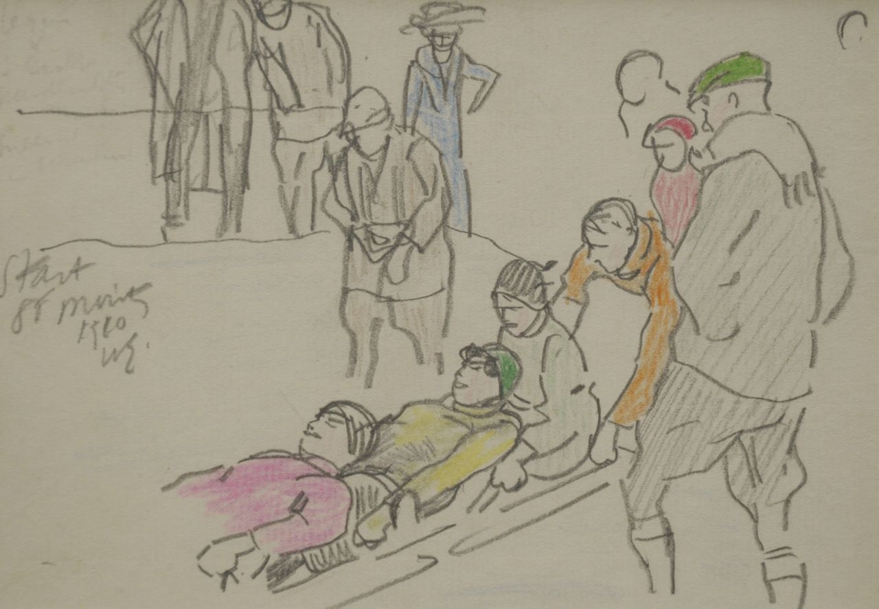 Sluiter J.W.  | Jan Willem 'Willy' Sluiter, Start skeleton, St Moritz 1910, potlood en kleurpotlood op papier 11,6 x 16,2 cm, gesigneerd links van het midden met initialen en gedateerd 1910
