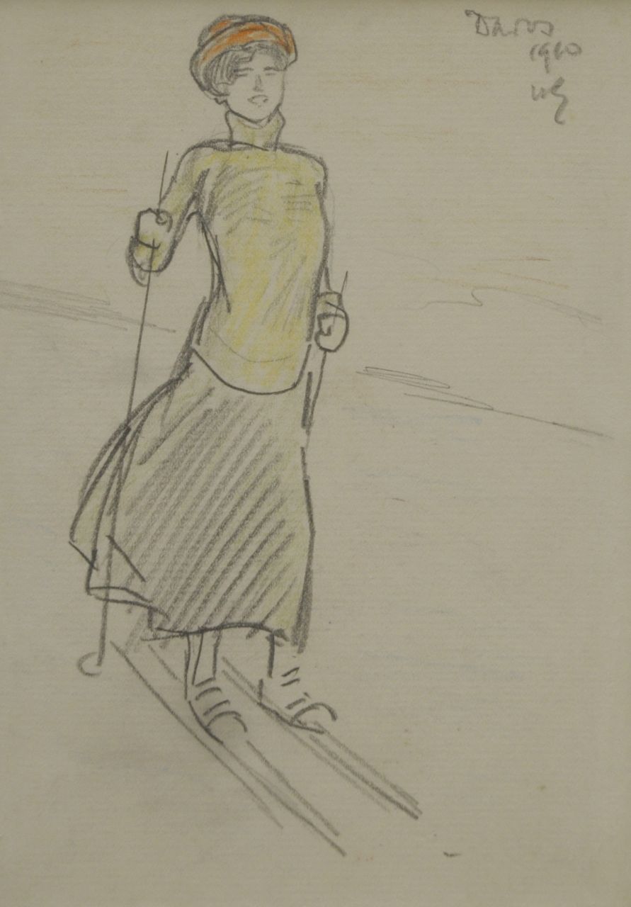 Sluiter J.W. | Jan Willem 'Willy' Sluiter, Op de skies, Davos, potlood en kleurpotlood op papier 16,2 x 11,2 cm, gesigneerd rechtsboven met initialen en gedateerd 1910 Sluiter J.W. | Jan Willem 'Willy' Sluiter, Op de skies, Davos, potlood en kleurpotlood op papier 16,2 x 11,2 cm, gesigneerd rechtsboven met initialen en gedateerd 1910