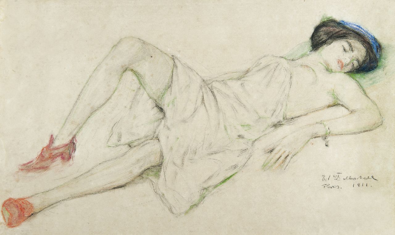 Dollerschell E. | Eduard Dollerschell, Liggende vrouw, pastel op papier 36,6 x 63,6 cm, gesigneerd rechtsonder en gedateerd 'Paris' 1911 Dollerschell E. | Eduard Dollerschell, Liggende vrouw, pastel op papier 36,6 x 63,6 cm, gesigneerd rechtsonder en gedateerd 'Paris' 1911