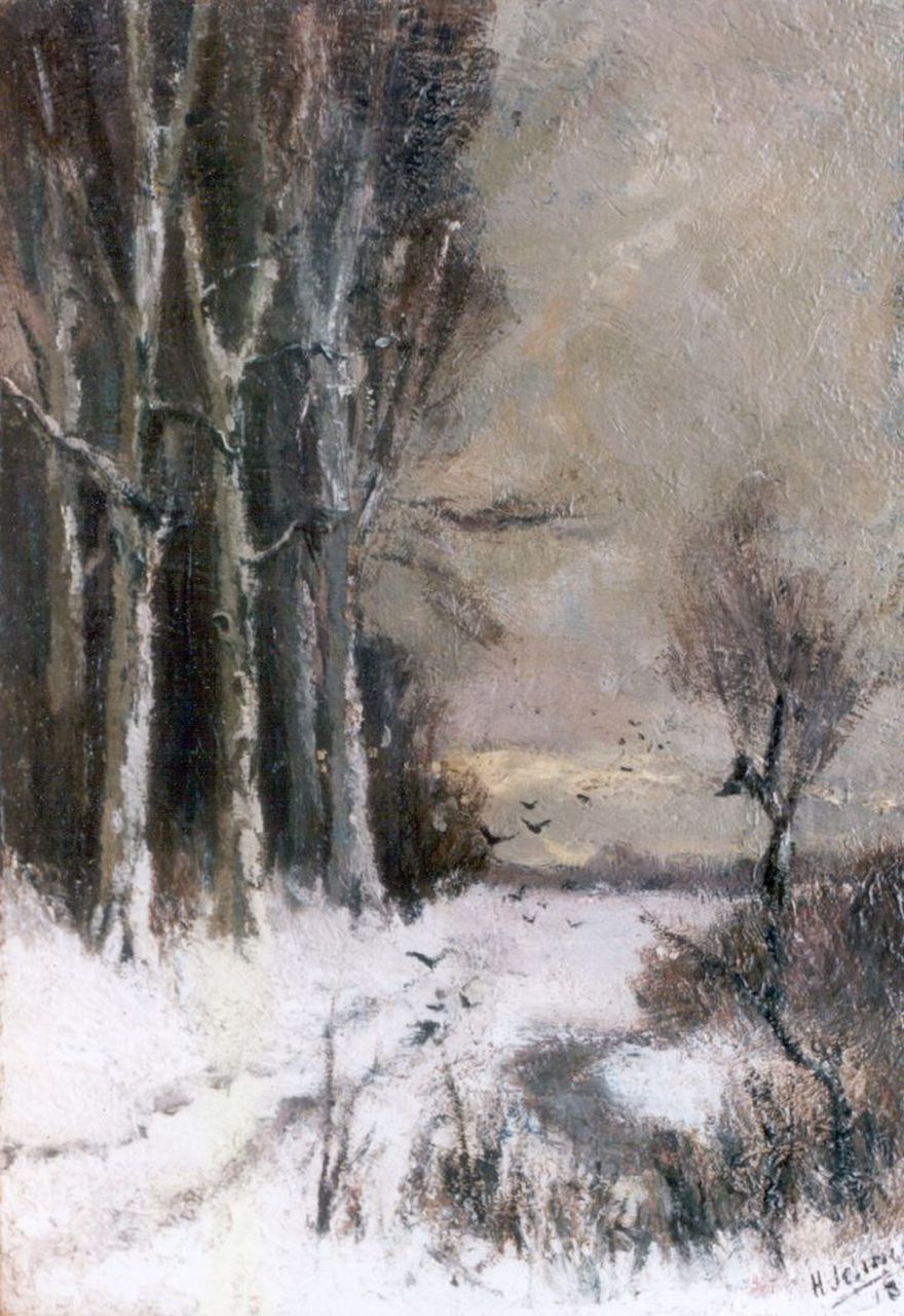 Jelinger H.A. | Henri Adriaan 'Han' Jelinger, Wintergezicht, olieverf op doek 27,4 x 19,2 cm, gesigneerd rechtsonder en gedateerd 1918 Jelinger H.A. | Henri Adriaan 'Han' Jelinger, Wintergezicht, olieverf op doek 27,4 x 19,2 cm, gesigneerd rechtsonder en gedateerd 1918