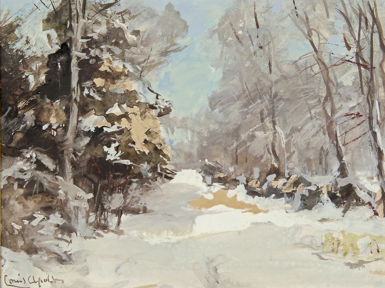 Apol L.F.H. | Lodewijk Franciscus Hendrik 'Louis' Apol, Winters bospad, gouache op papier 15,5 x 20,6 cm, gesigneerd linksonder Apol L.F.H. | Lodewijk Franciscus Hendrik 'Louis' Apol, Winters bospad, gouache op papier 15,5 x 20,6 cm, gesigneerd linksonder