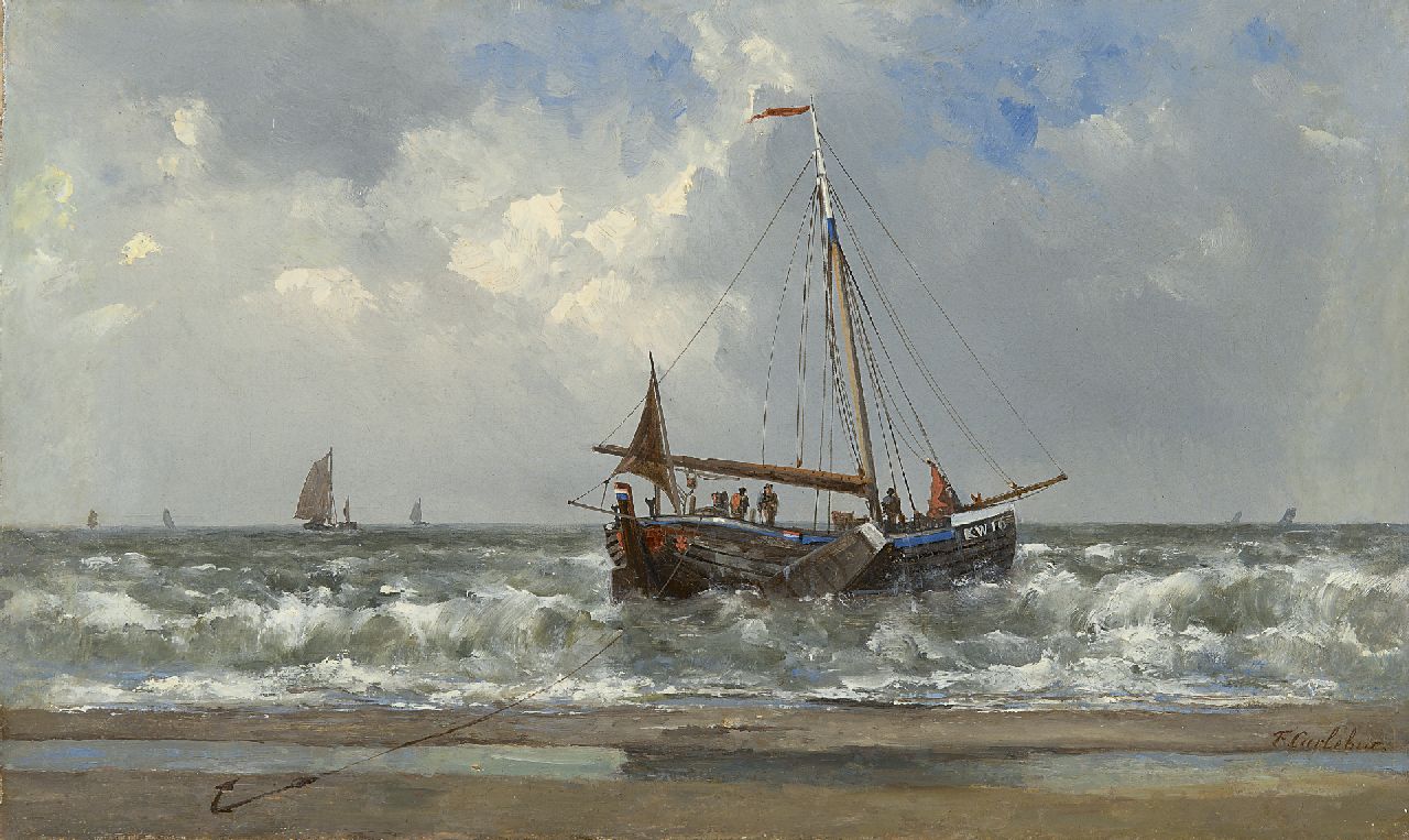 Carlebur F. | François Carlebur, De 'Katwijk 16' in de branding, olieverf op doek 30,7 x 51,0 cm, gesigneerd rechtsonder Carlebur F. | François Carlebur, De 'Katwijk 16' in de branding, olieverf op doek 30,7 x 51,0 cm, gesigneerd rechtsonder