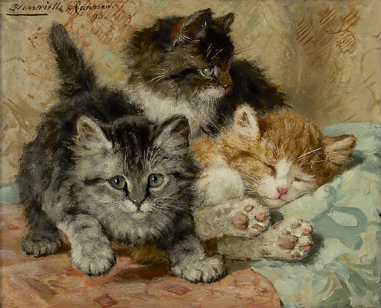 Ronner-Knip H. | Henriette Ronner-Knip, Drie poezen, olieverf op paneel 19,6 x 23,6 cm, gesigneerd linksboven en gedateerd '96 Ronner-Knip H. | Henriette Ronner-Knip, Drie poezen, olieverf op paneel 19,6 x 23,6 cm, gesigneerd linksboven en gedateerd '96