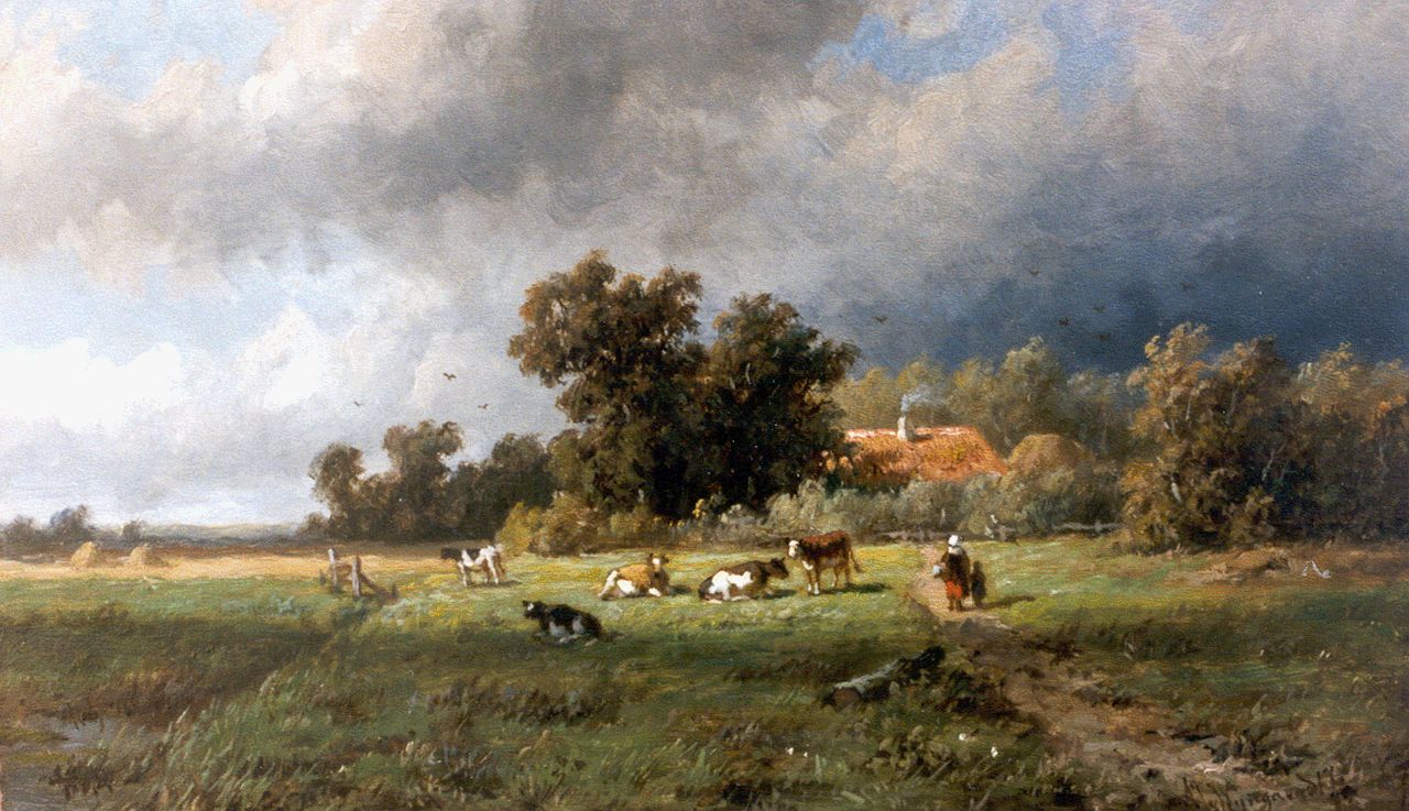 Wijngaerdt A.J. van | Anthonie Jacobus van Wijngaerdt, Landschap met boerderij en vee, olieverf op paneel 18,0 x 30,1 cm, gesigneerd rechtsonder Wijngaerdt A.J. van | Anthonie Jacobus van Wijngaerdt, Landschap met boerderij en vee, olieverf op paneel 18,0 x 30,1 cm, gesigneerd rechtsonder