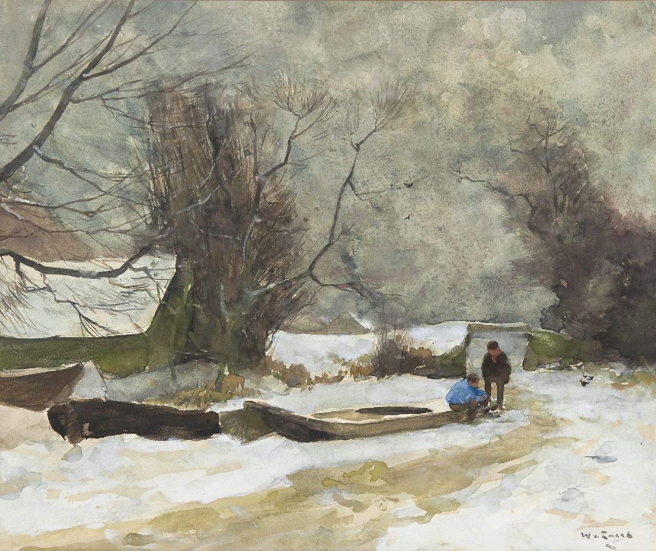 Zwart W.H.P.J. de | Wilhelmus Hendrikus Petrus Johannes 'Willem' de Zwart, Figuren bij ingevroren schuit, aquarel en gouache op papier 34,2 x 40,5 cm, gesigneerd rechtsonder