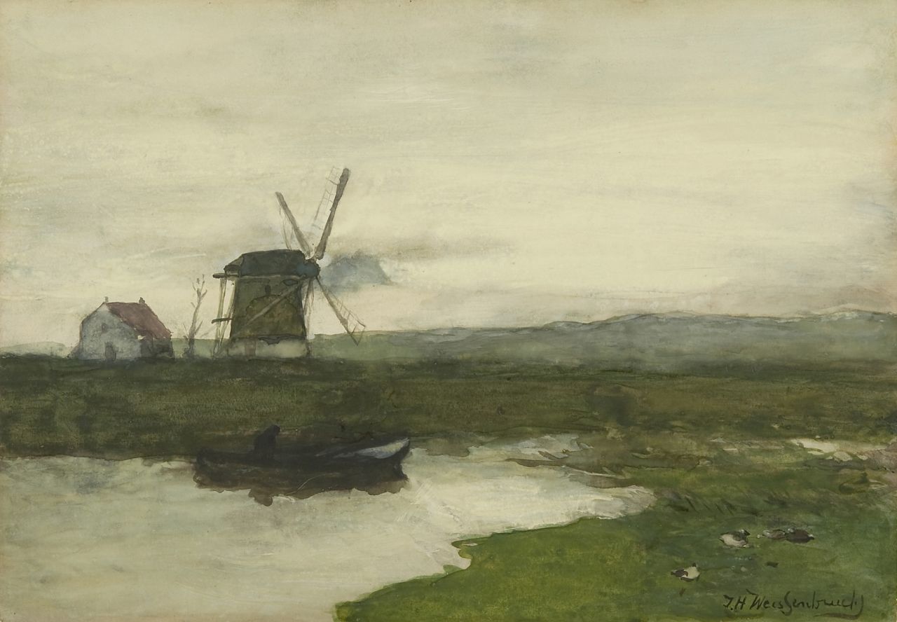 Weissenbruch H.J. | Hendrik Johannes 'J.H.' Weissenbruch, Molen in een polderlandschap, aquarel op papier 34,5 x 49,6 cm, gesigneerd rechtsonder en te dateren ca. 1900 Weissenbruch H.J. | Hendrik Johannes 'J.H.' Weissenbruch, Molen in een polderlandschap, aquarel op papier 34,5 x 49,6 cm, gesigneerd rechtsonder en te dateren ca. 1900