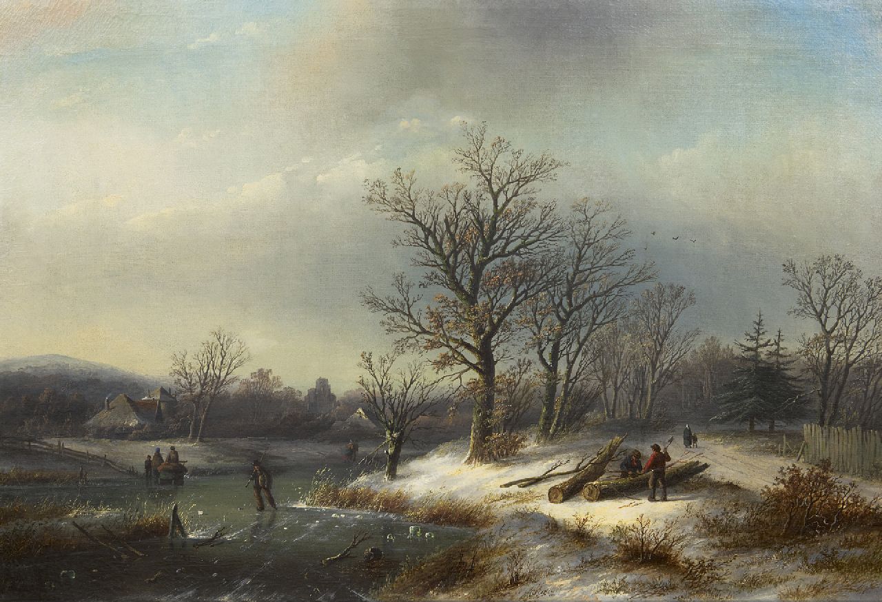 Spohler J.J.C. | Jacob Jan Coenraad Spohler, Winterlandschap met houthakkers en schaatsers, olieverf op doek 65,0 x 95,3 cm, gesigneerd linksonder Spohler J.J.C. | Jacob Jan Coenraad Spohler, Winterlandschap met houthakkers en schaatsers, olieverf op doek 65,0 x 95,3 cm, gesigneerd linksonder