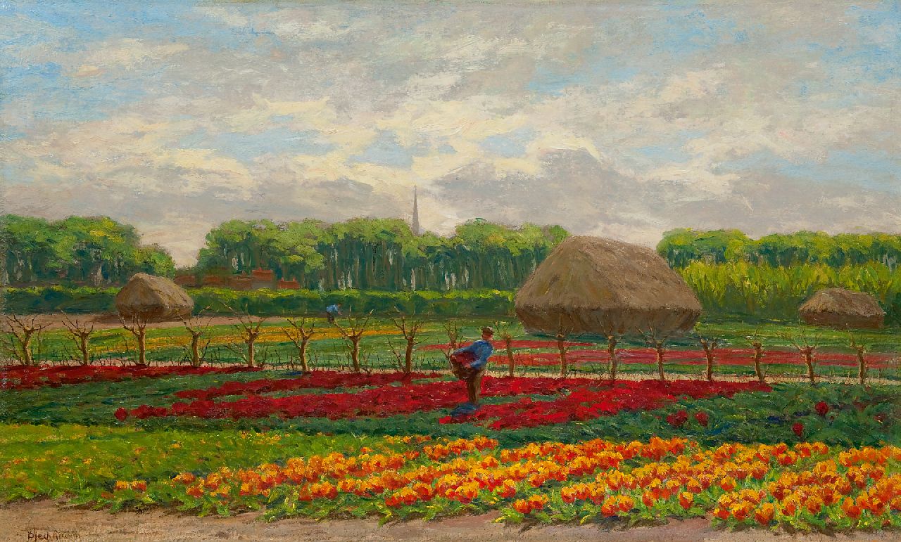 Bleckmann W.C.C. | Wilhelm Christiaan Constant Bleckmann, Werkende boeren op bollenveld, olieverf op doek 58,4 x 95,5 cm, gesigneerd linksonder Bleckmann W.C.C. | Wilhelm Christiaan Constant Bleckmann, Werkende boeren op bollenveld, olieverf op doek 58,4 x 95,5 cm, gesigneerd linksonder