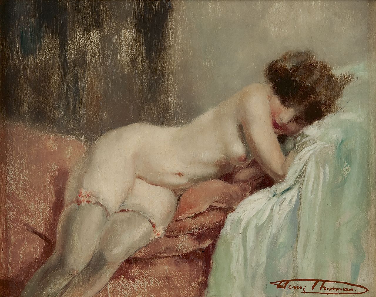 Thomas H.J.  | Henri Joseph Thomas, Naakt op divan, olieverf op paneel 23,1 x 28,7 cm, gesigneerd rechtsonder