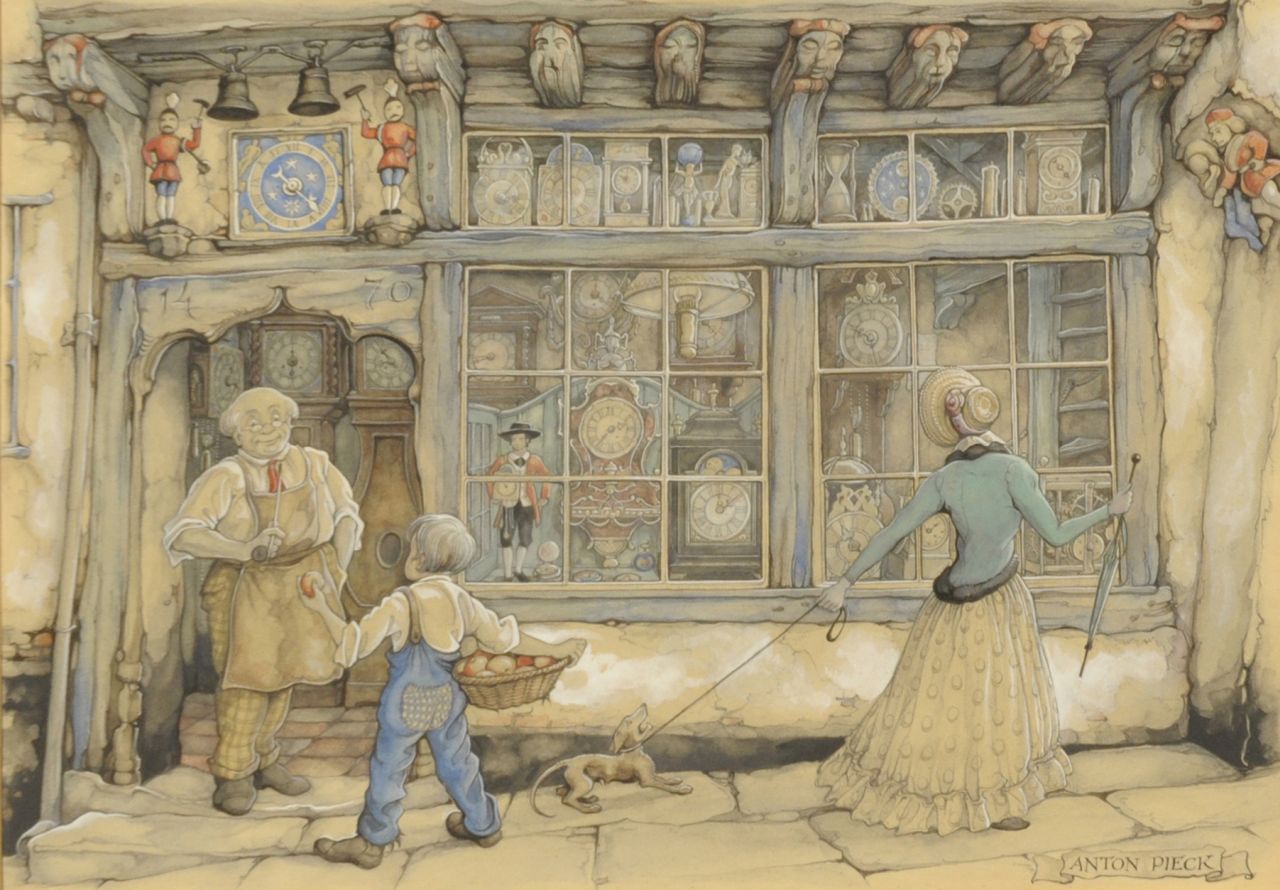 Pieck A.F. | 'Anton' Franciscus Pieck, De klokkenmaker, aquarel op papier 24,2 x 34,5 cm, gesigneerd rechtsonder Pieck A.F. | 'Anton' Franciscus Pieck, De klokkenmaker, aquarel op papier 24,2 x 34,5 cm, gesigneerd rechtsonder