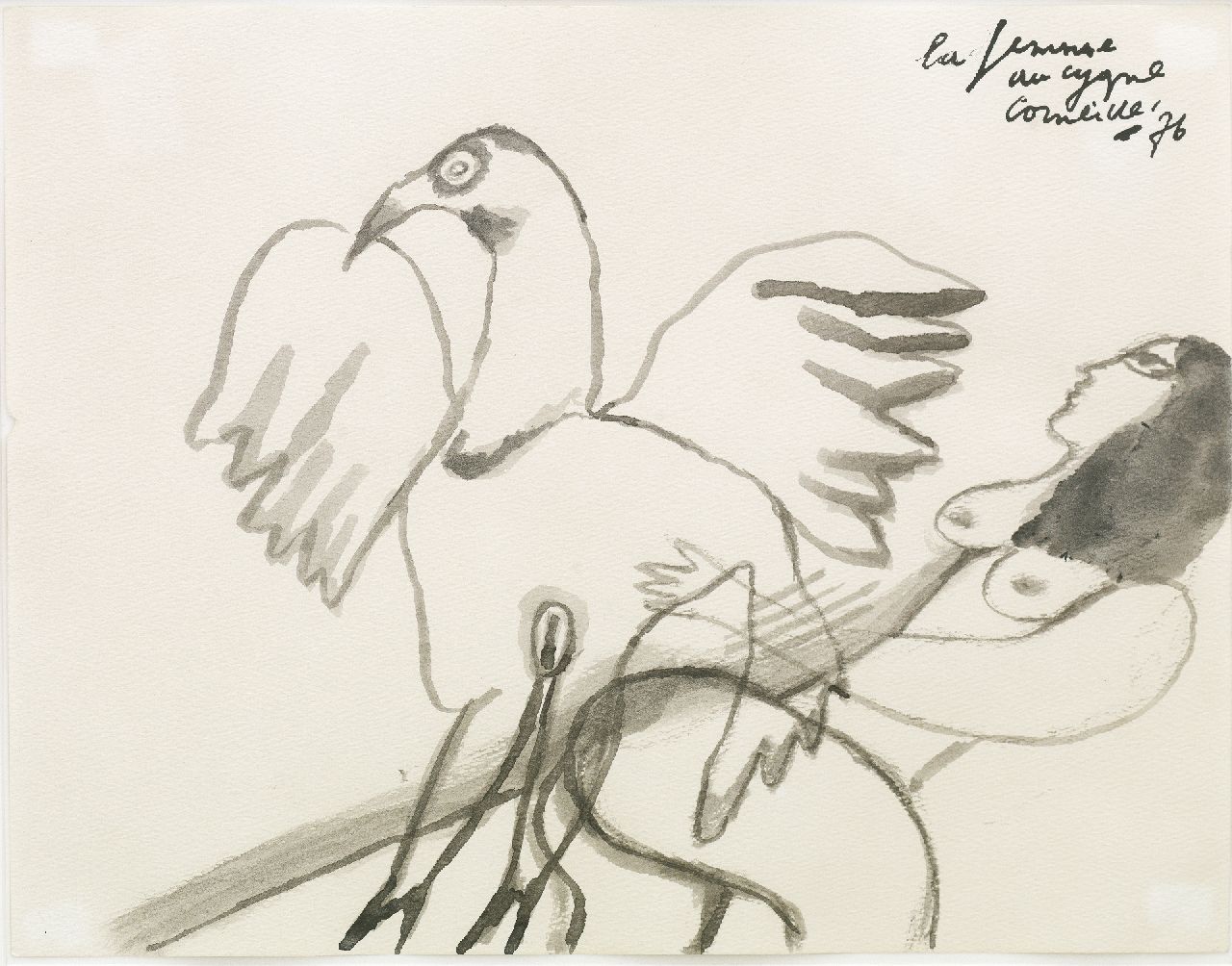 Corneille ('Corneille' Guillaume Beverloo) | Corneille ('Corneille' Guillaume Beverloo) | Aquarellen en tekeningen te koop aangeboden | La femme au cygne, inkt op papier 22,9 x 29,8 cm, gesigneerd rechtsboven en gedateerd '76 Corneille ('Corneille' Guillaume Beverloo) | Corneille ('Corneille' Guillaume Beverloo) | Aquarellen en tekeningen te koop aangeboden | La femme au cygne, inkt op papier 22,9 x 29,8 cm, gesigneerd rechtsboven en gedateerd '76